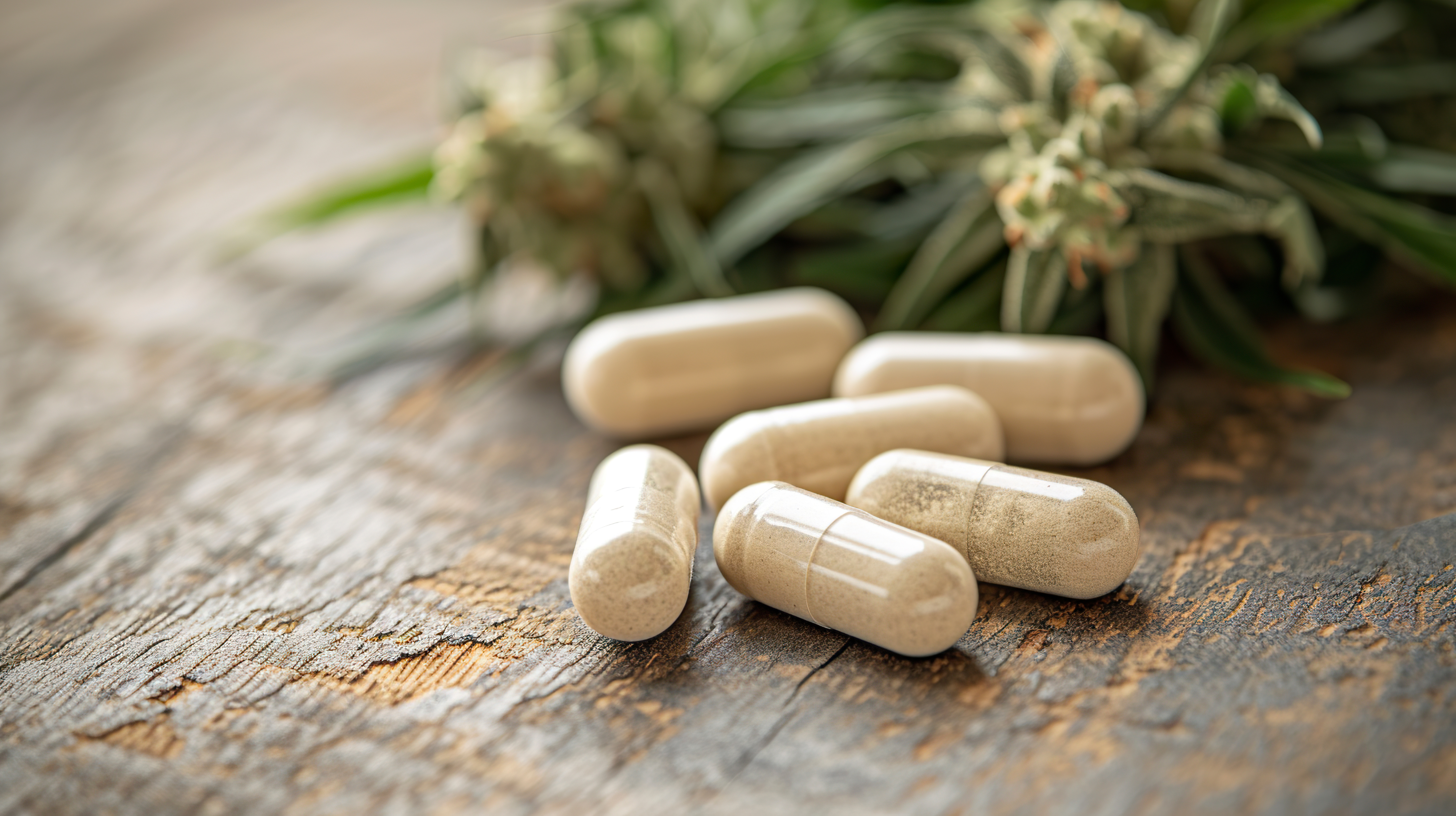 6 Kapseln mit durchsichtiger Hülle und beigen Inhalts liegen auf einem Holztisch, im Hintergrund verschwommen eine Hanfpflanze